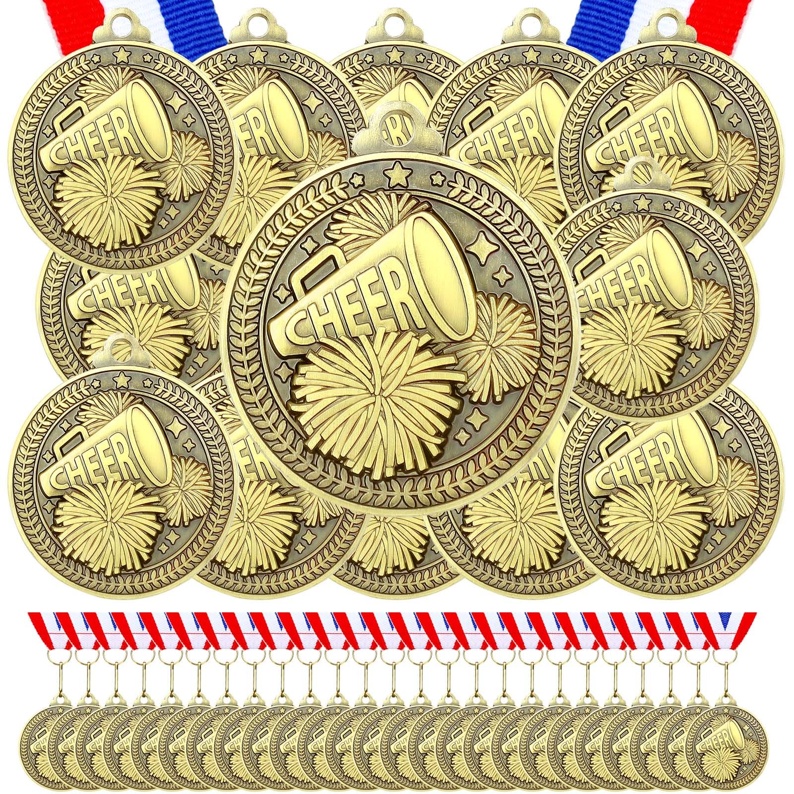 Remuuly 60 Pcs Gold Award Medals 2 Inch Soccer Baseball Volleyball Football Cheer Trophy Medals Metal Awards Bulk with Neck Ribbons Trophy Prize Gifts for Sports Competitions(Cheer)