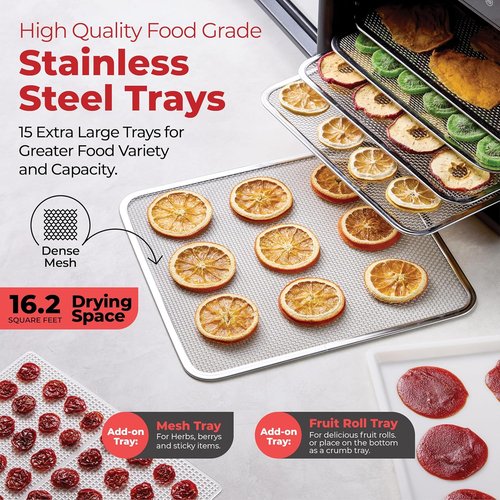Magic Mill Food Dehydrator Machine - 800W with 15 Extra-Large Stainless Steel Trays | Digital Timer & Temperature Control