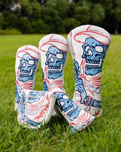 Golf Club Head Covers,3pcs Skull Skeleton Driver Fairway Hybrid Golf Headcovers for Woods, PU Leather with Advanced Embroidery for Most Brands-White