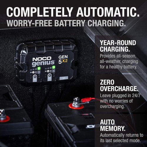 NOCO Genius GEN5X2 Onboard Battery Charger - 2-Bank, 10A, Waterproof, Overcharge Protection for 12V Batteries