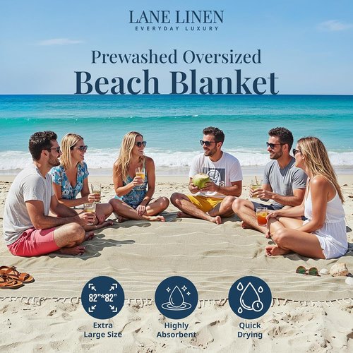 **LANE LINEN Turkish Beach Blanket - Sandproof, Lightweight & Quick-Dry, 82"x82", Perfect for Summer Vacations & Yoga - Beige**