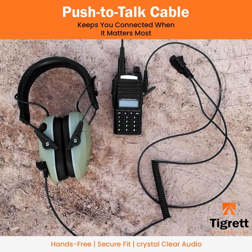 Tigrett Outdoors SMC Push-to-Talk Cable w/ 3.5mm Audio Cable Adapter for Kenwood K1 Radios Including Baofeng UV5R - PTT for Electronic Earmuffs - Hook and Loop Upgrade for Plate Carriers