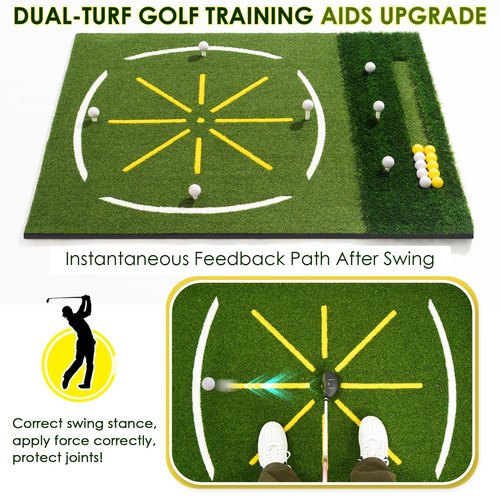 KULAMOON Golf Mat with Dual Turf, 5x4ft 26mm-45mm Thickened Golf Hitting Mat with Standing Guide-Line & Swing Path Line, Practice Mats for Indoor or Outdoor Use, Gifts for Men Dad & Golfers
