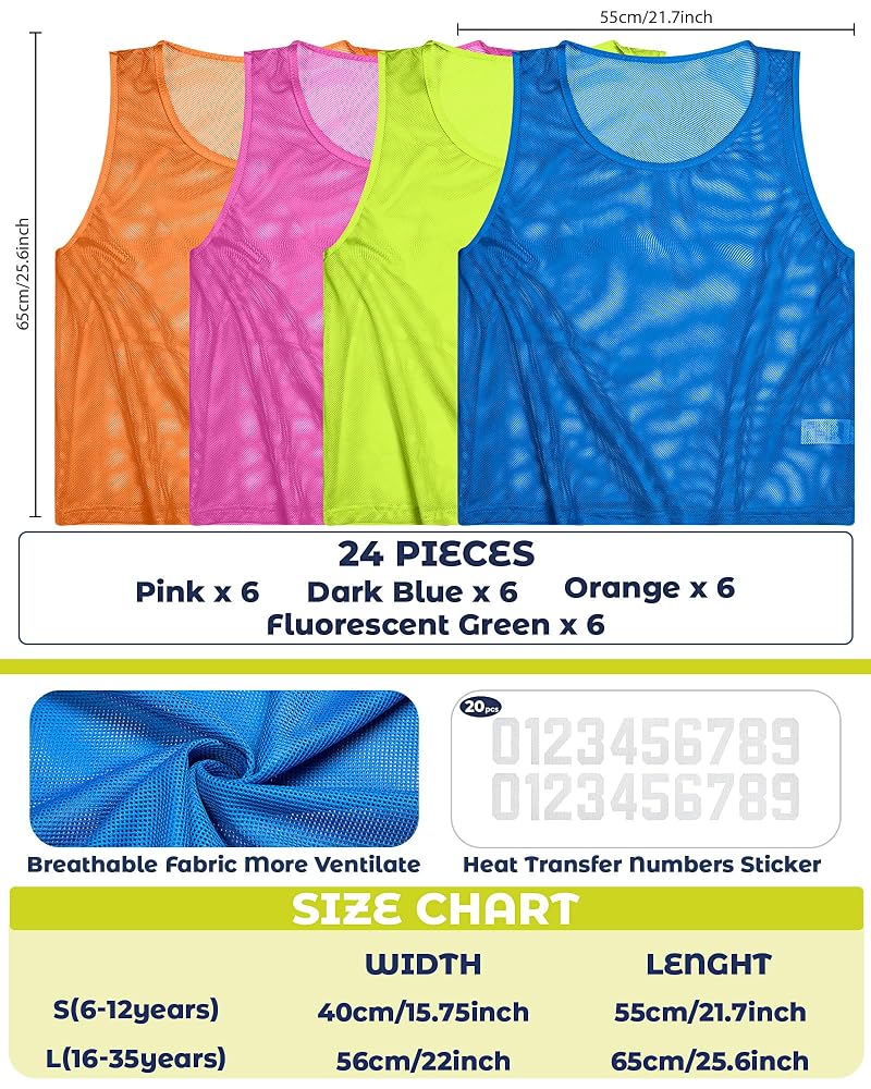 Boyiee 24-Pcs Nylon Pinnies with 40 Iron-On Numbers, Adult/Youth Soccer Scrimmage Vests – Fluorescent Green, Dark Blue, Orange, Pink