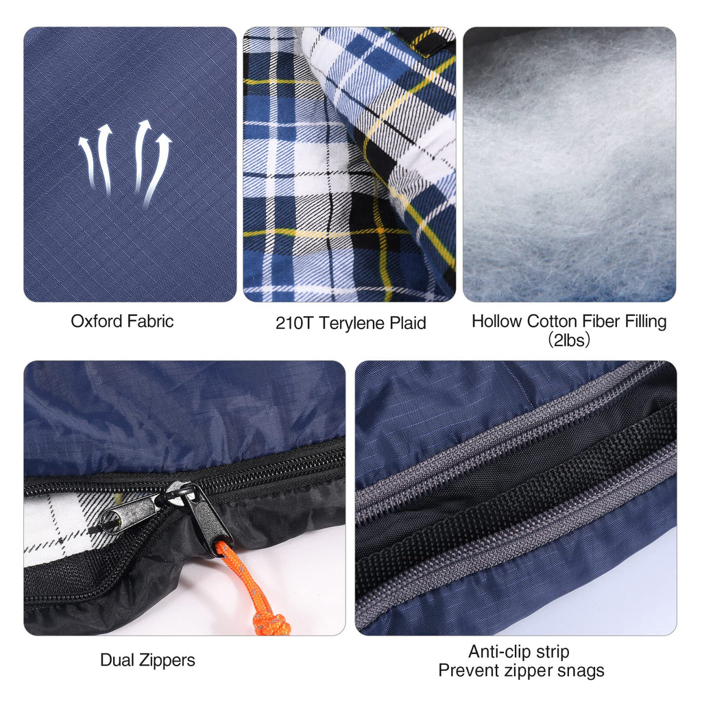 REDCAMP Cotton Flannel Heated Sleeping Bag for Adults, Large Cotton Sleeping Bags for Camping with Hood, Blue Plaid with 4lbs Filling