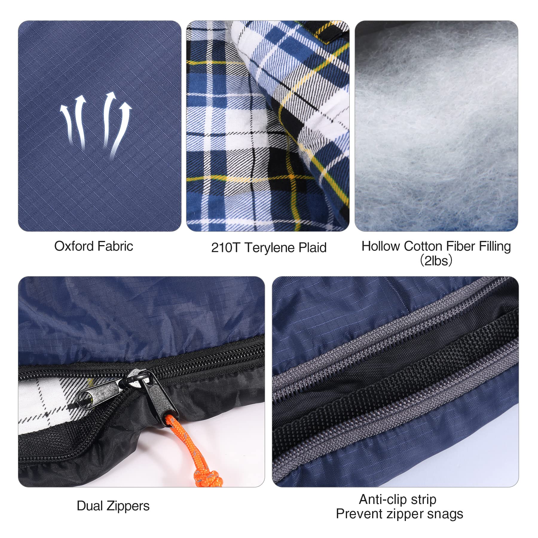 REDCAMP Cotton Flannel Heated Sleeping Bag for Adults, Large Cotton Sleeping Bags for Camping with Hood, Blue Plaid with 4lbs Filling