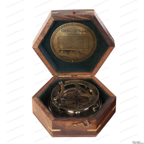 US HANDICRAFTS Vintage Brass Sundial Compass – Engraved Navigation Instrument with Wooden Case & Calendar – Baptism Gift for Son, Loved Ones, Camping & Hiking