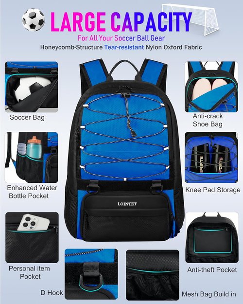 Lointet Youth Soccer Bag - Versatile Sports Backpack with Ball Compartment | Black