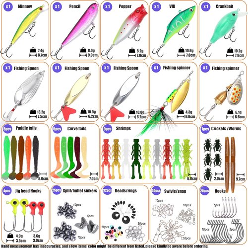 Fishing Lures Kit - Complete Tackle Box with Crankbaits, Shrimp Worm Bait & Accessories for Bass, Trout, Salmon