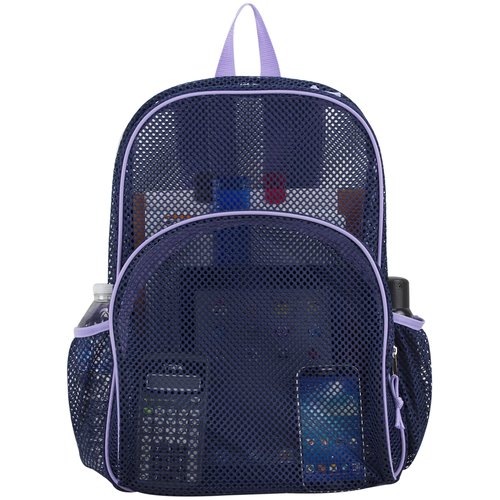 Eastsport Mesh Beach Backpack, College Bookbag, Lightweight See Through for Travel, Swim, Gym, 17.5 Inches, Lavender Mesh Navy Trim