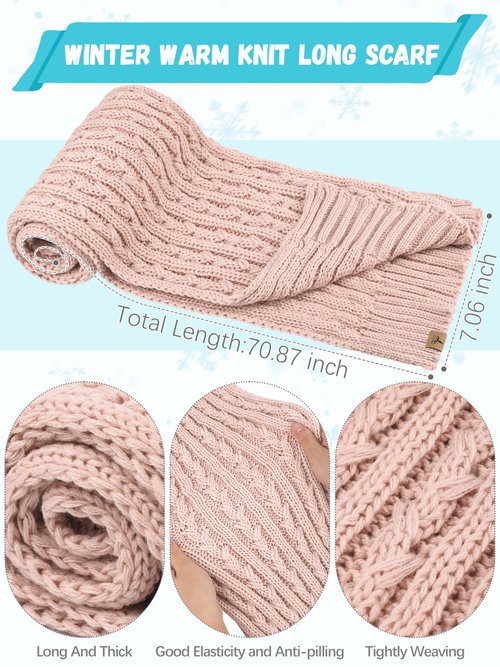 Winter Hat Scarf Gloves Set,Fleece Lined Pom Pom Beanie Hat Warm Knit Long Scarf Touchscreen Gloves Winter Gifts for Women Pink