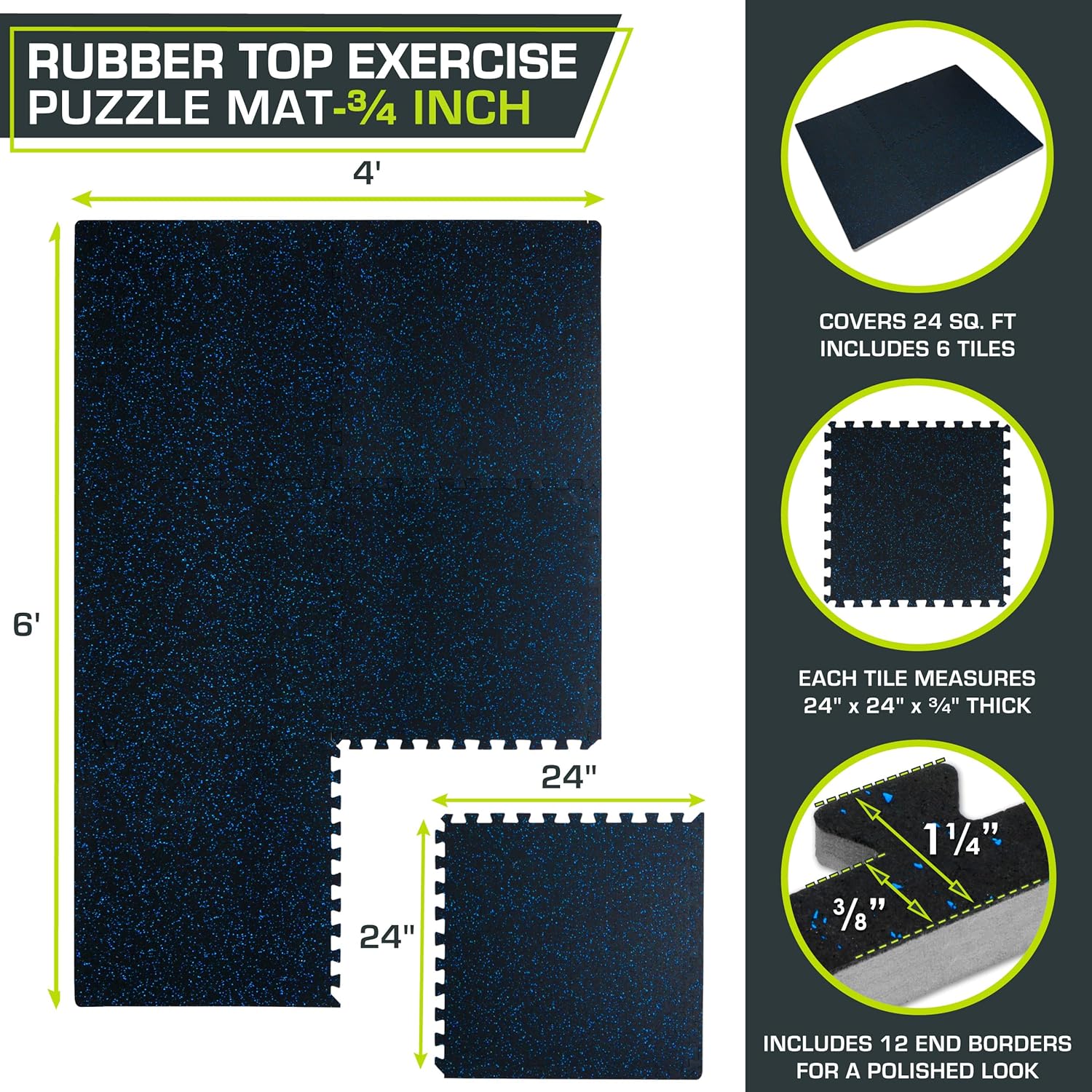 ProsourceFit Rubber Top Exercise Mat - 3/4-Inch Thick EVA Foam | 24 SQFT Interlocking Tiles in Blue