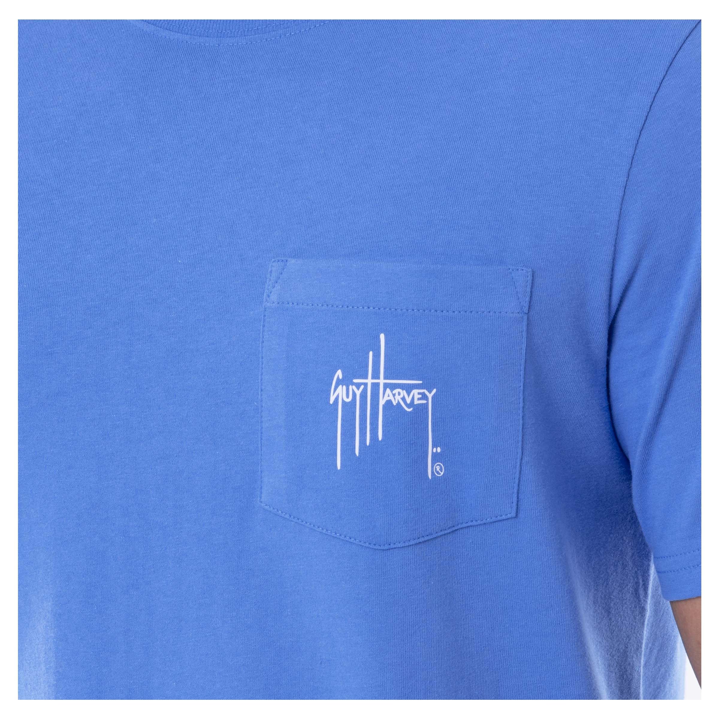 Guy Harvey Men’s Offshore Fish Collection Short Sleeve Pocket T-Shirt, Azure Blue/Horizon, X-Large