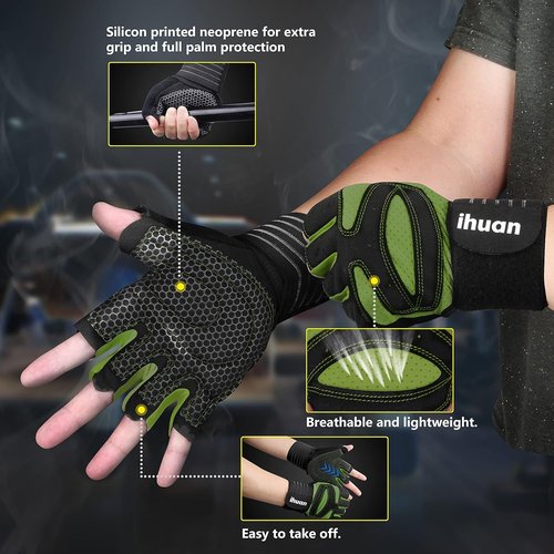 Ihuan Weight Lifting Gym Gloves - Ventilated Design with Wrist Wrap Support | Full Palm Protection for Men & Women