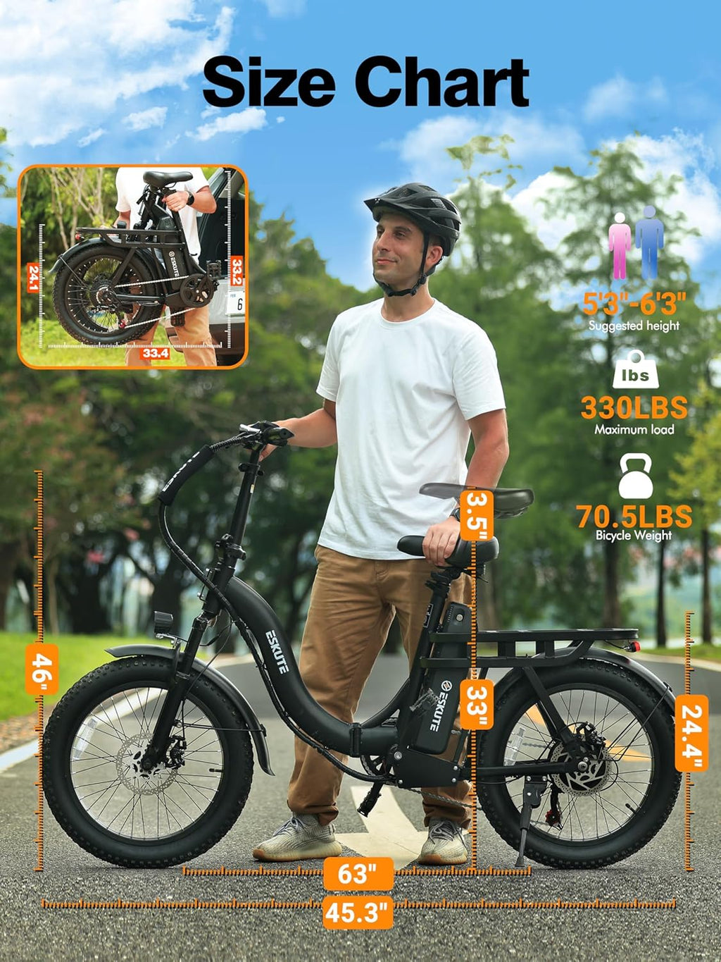 Skiennix 1200W Peak Folding Electric Bike - 28MPH Speed, 55-Mile Range, 20"x3" Fat Tires, Step-Thru Design