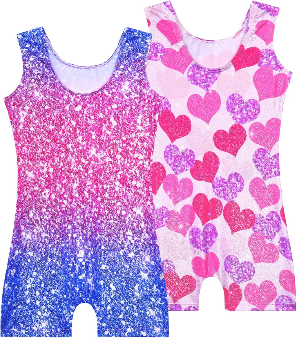 Regine Switzerland 2 Pack Girls Gymnastics Leotards - Sparkly Sleeveless Unitards with Shorts