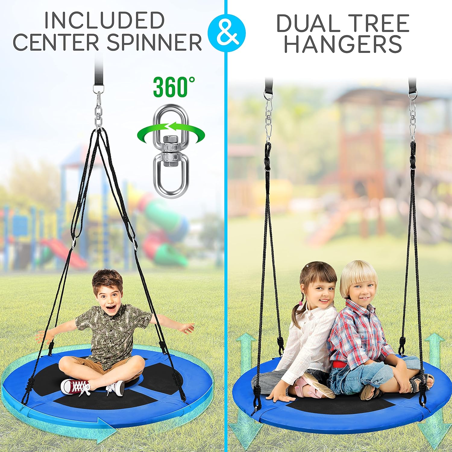 SereneLife Outdoor Tree Swing - 40” Saucer Swing with Adjustable Ropes & Center Swivel Spinner (Blue)