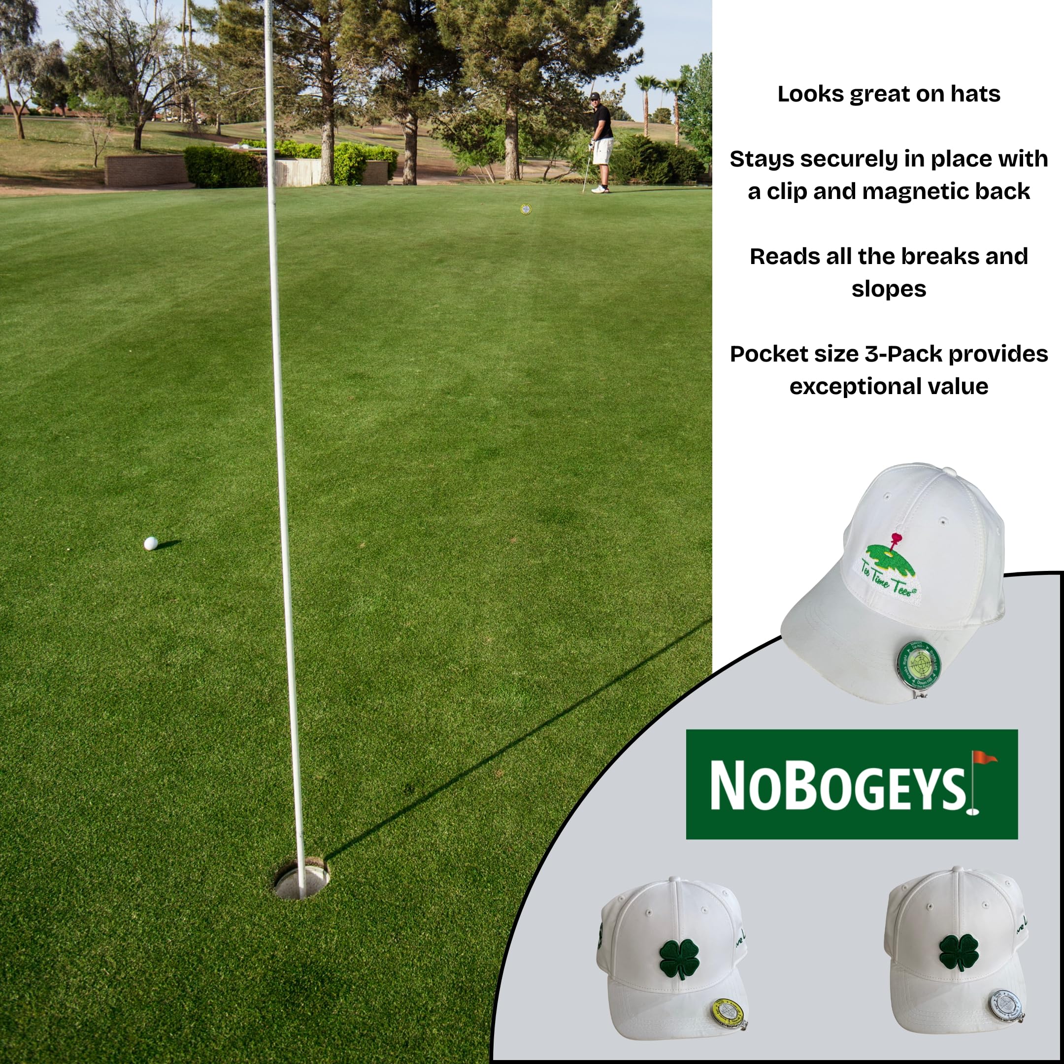 Tee Time Tees NoBogeys Ball Marker - Precision Putting Aide Green Reader 3 Pack with Magnetic Clip - Read the Greens for Improved Accuracy