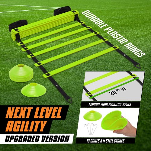 Yes4All Agility Ladder – Adjustable Speed & Agility Training Equipment for All Ages, Durable Speed Ladder, Multiple Combo Sets Available, Lime, 12 Agility Cones, 4 Steel Stakes