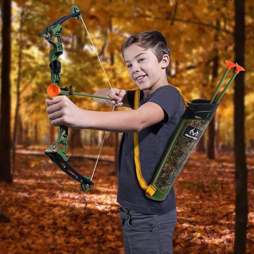 NKOK Realtree Jr. Compound Bow Set - PVC Tipped Arrows Up to 40 Feet | Includes 3 Arrows, Target & Red LED Scope for Ages 6+