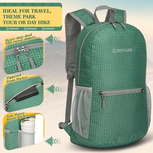 ZOMAKE Ultra Lightweight Hiking Backpack 20L - Packable Small Backpacks Water Resistant Daypack for Women Men(Forest Green Plaid)