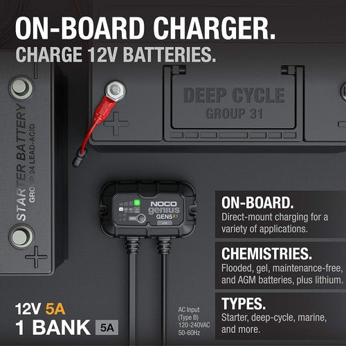 NOCO Genius GEN5X1 Battery Charger - 5A Onboard, Waterproof 12V Marine Charger with Overcharge Protection & Temperature Compensation