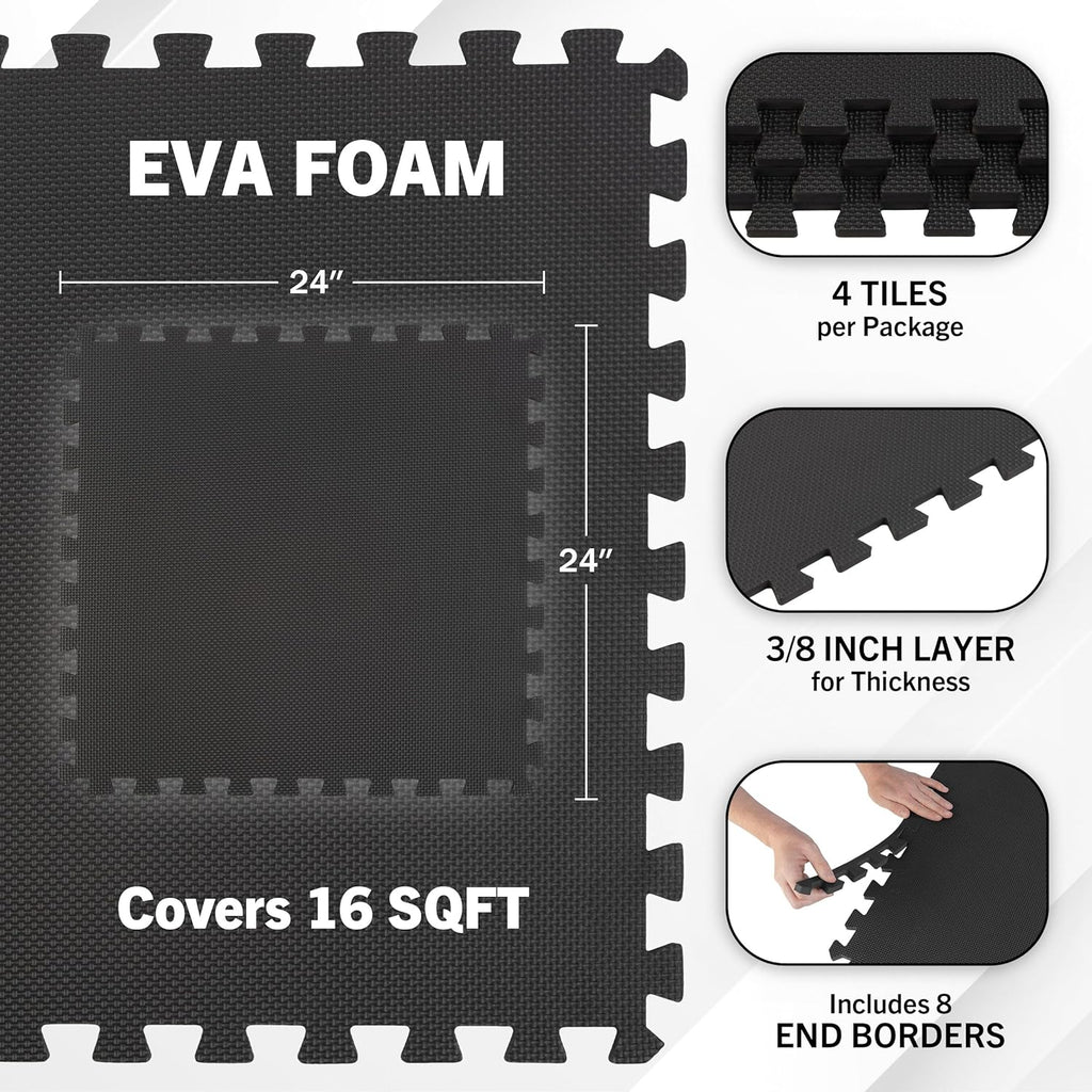 Stalwart EVA Foam Mat Tiles - 16 SQ FT Interlocking Padding for Garage, Playroom & Gym - Black Workout & Baby Playmat