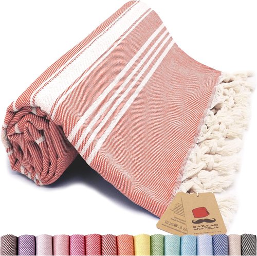 Bazaar Anatolia Turkish Beach Towel - Oversized 100% Cotton, Quick Dry & Sand Free | 71x39 Inches - Stripe Orange