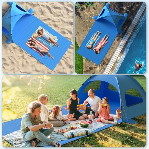 Beach Tent Sun Shelter by [Brand Name] - UPF 50+ Protection with Extended Sand Mat | Portable for 3-4 People