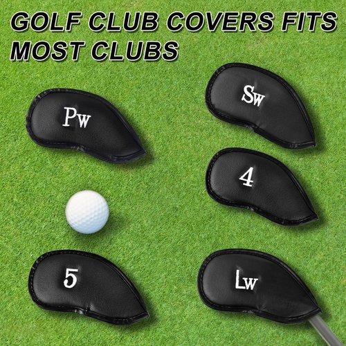MuRealy 10PCS Premium Synthetic Leather Golf Iron Head Covers Set, Black Durable Golf Club Head Covers, Single Sided Embroidered Labels Golf Club Cover, Perfect for Most Clubs