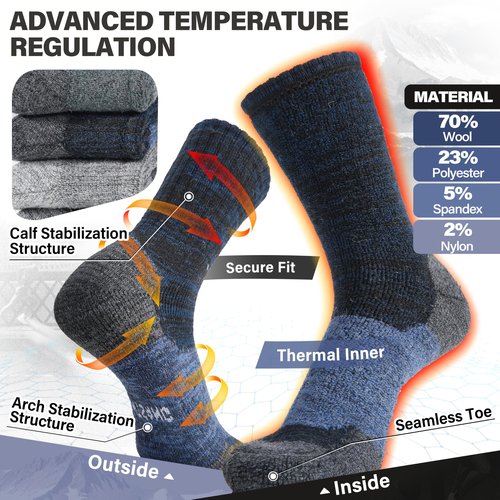 ANTSANG Merino Wool Hiking Socks, Full Cushion Thick Thermal Crew Socks for Men and Women, 4 Pairs(Dark Mixed, L)