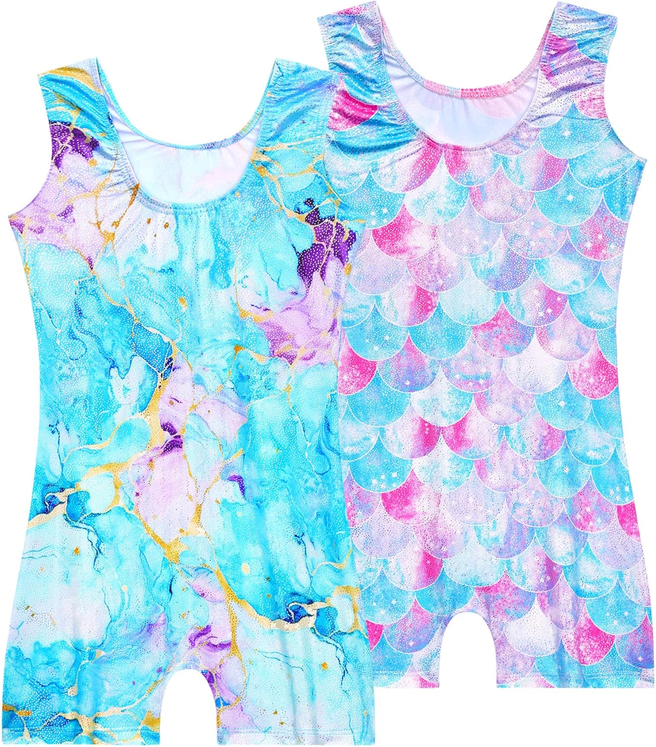 Skiennix 2 Pack Girls Gymnastics Leotards - Sparkly Sleeveless Tumbling Unitards with Shorts