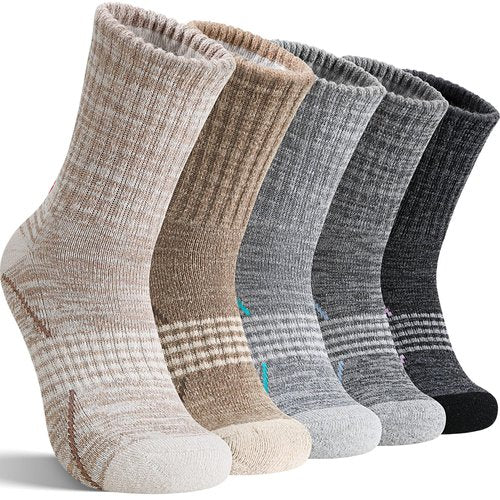 Sandsuced Merino Wool Hiking Socks Thermal Warm Winter Cozy Outdoor Crew Socks 5 Pairs Gift Stocking Stuffers for Women Men(Black/Khaki/Gray,L)