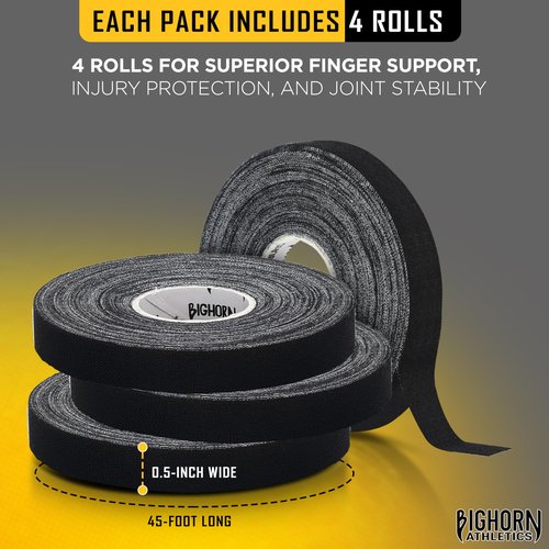 Bighorn Athletics Premium Finger Tape, Toe Tape, & Sports Tape | 4 Rolls Finger Tape, Climbing Tape, Wrestling Tape, & Football Tape | Athletic Tape for Injuries & Joint Stability (0.5-Inch, Black)
