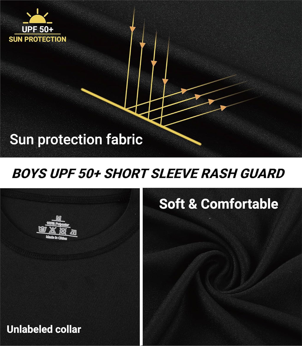 Skiennix Youth Boys Rash Guard Swim Shirt - UPF 50 Sun Protection | Short Sleeve T-Shirt for Ages 5-14