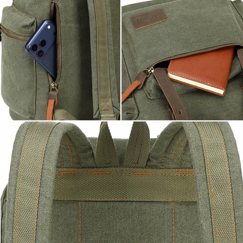 Bluboon Canvas Vintage Backpack Leather Casual Bookbag Men Rucksack (Green)