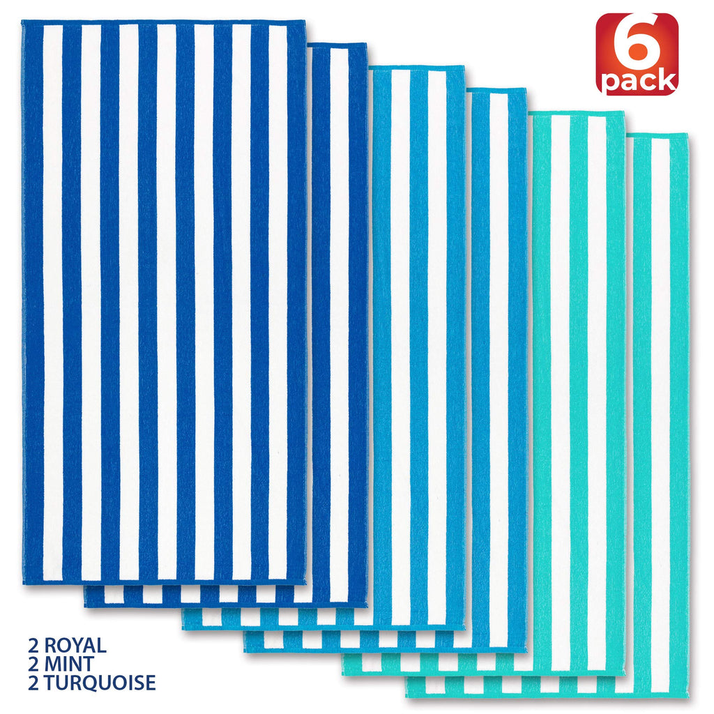 Beachland Classic Cabana Stripe Beach Towel - 30 x 60 inch - Soft Cotton Terry Resort Style Perfect for Beach and Pool (Royal-Mint-Tur, 6 Pack)