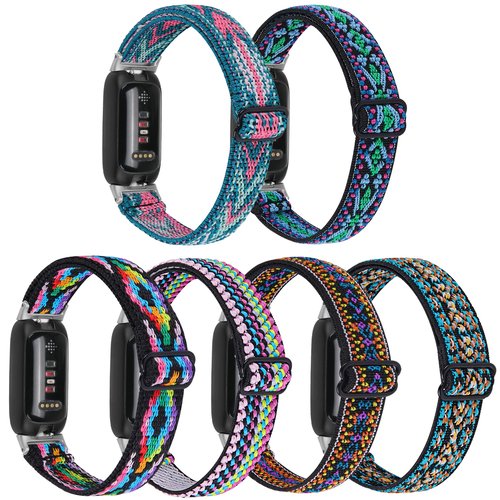 FitTurn 6pack Compatible with Fitbit inspire 3 Smart Watch Fitness Tracker for Women Men Bands Elastic Pattern Adjustable Nylon Fabric Strap Replacement Bracelet Stretch Soft Strap Wristbands Loop Accessories (SixColors-B)