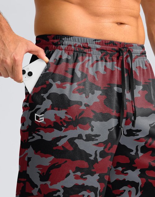 G Gradual Men's Athletic Shorts with Pockets 9" / 11" Long Basketball Shorts Lightweight Quick Dry Gym Workout Shorts for Men(Red Camo,L)