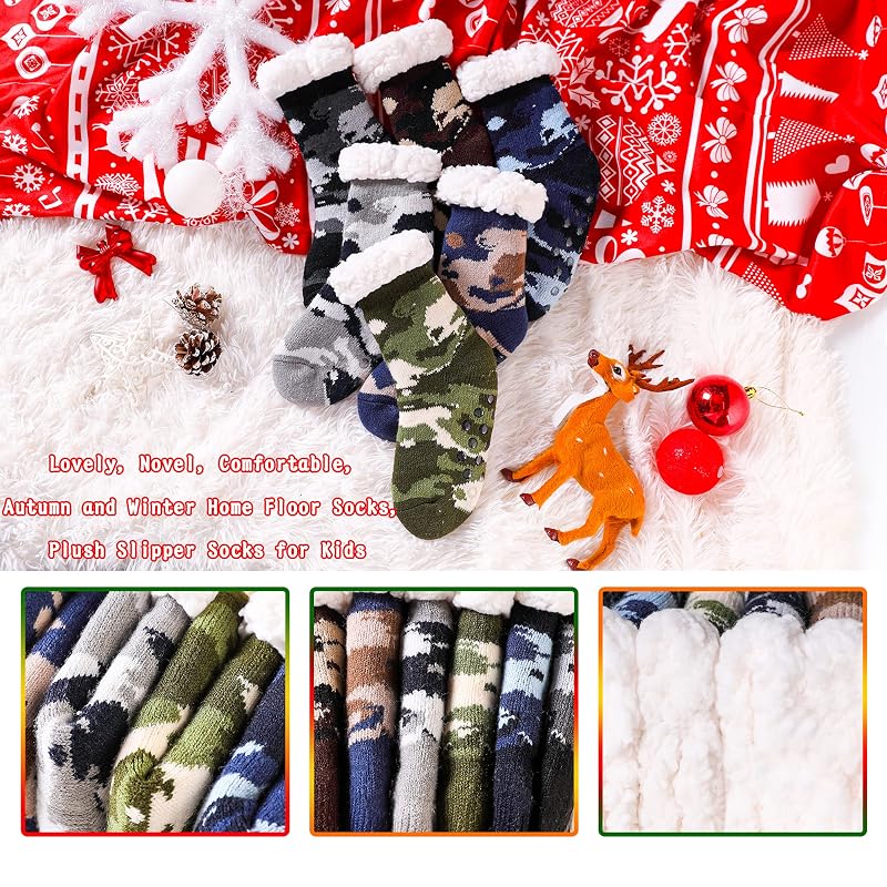 Green Camouflage DoSmart Kids Fuzzy Slipper Socks – Warm Plush Indoor Winter Stockings (8-12 Years)
