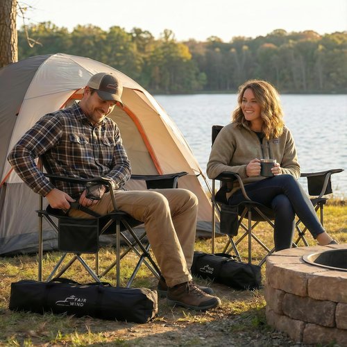 Fair Wind Oversized Camping Chair - 500LBS Capacity, Fully Padded, Adjustable Lumbar Support & Cooler Bag | Heavy Duty Folding Chair for Outdoor, Beach & Tailgating