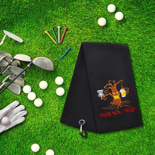 ERHACHAIJIA Tree Embroidered Golf Towel with Clip - Funny Golf Accessory Gifts for Men, Women, Disc Golf Lovers - Birthday, Retirement