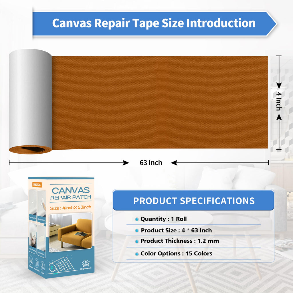KING MOUNTAIN Canvas Repair Tape,Outdoor Gear Patch, 4×63 Inches,Waterproof,Self-Adhesive for Repairing Boat Covers,Sun Shades,Sofas,Tents,Lounge Chairs,Awnings (Yellow Brown)