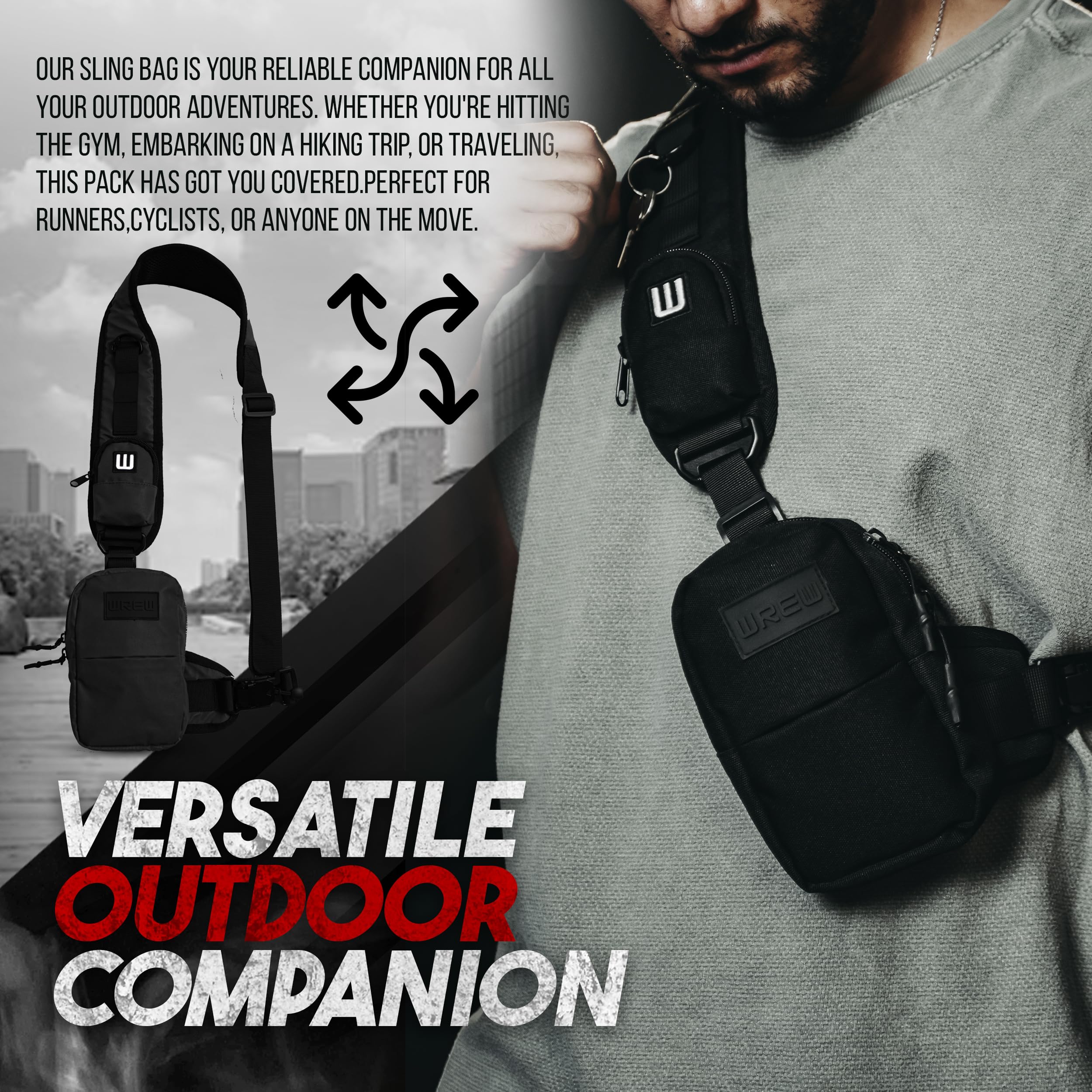 WREW Small Sling Bag for Men-Cross body bag with Shoulder Straps,Mini Sling Crossbody bag for Women-Travel Backpack for Hiking,Daypack Multipurpose Over the Shoulder Chest Bags with Keyholder(Black)