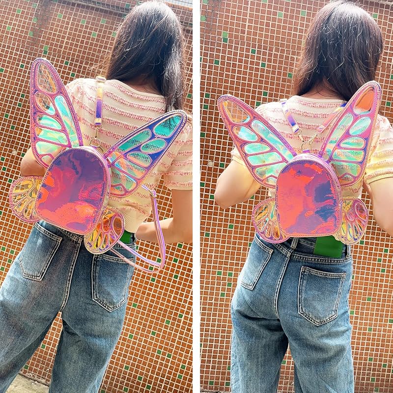 Women's Laser Holographic Backpack with Butterfly Angel Wings - Variation: Laser Pink