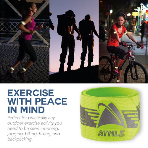 Athlé Reflective Bands 4 Pack – Adjustable 16" Neon Yellow Straps for Wrist, Arm and Ankle - High Visibility Safety Gear for Running, Jogging, Cycling and Biking