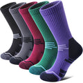 FNOVCO Women's Hiking Walking Running Crew Socks Thick Cushioned Athletic Compression Socks 5 Pairs (Multicolor 03, 9-11)
