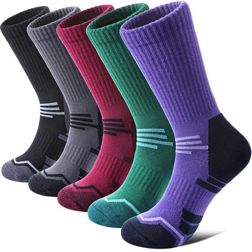 FNOVCO Women's Hiking Walking Running Crew Socks Thick Cushioned Athletic Compression Socks 5 Pairs (Multicolor 03, 9-11)