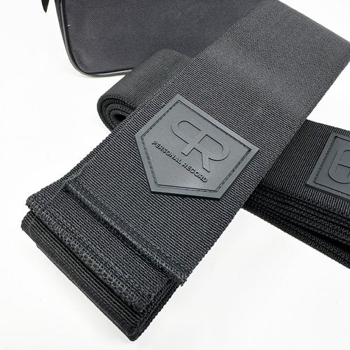 PR Personal Record Heavy Duty Extra Wide Knee Wraps for Weightlifting - Premium Pair with Easy Adjustments and Secure Fit, Quality Knee Wraps, Reinforced Stitching Knee Straps for Powerlifting (All Black)