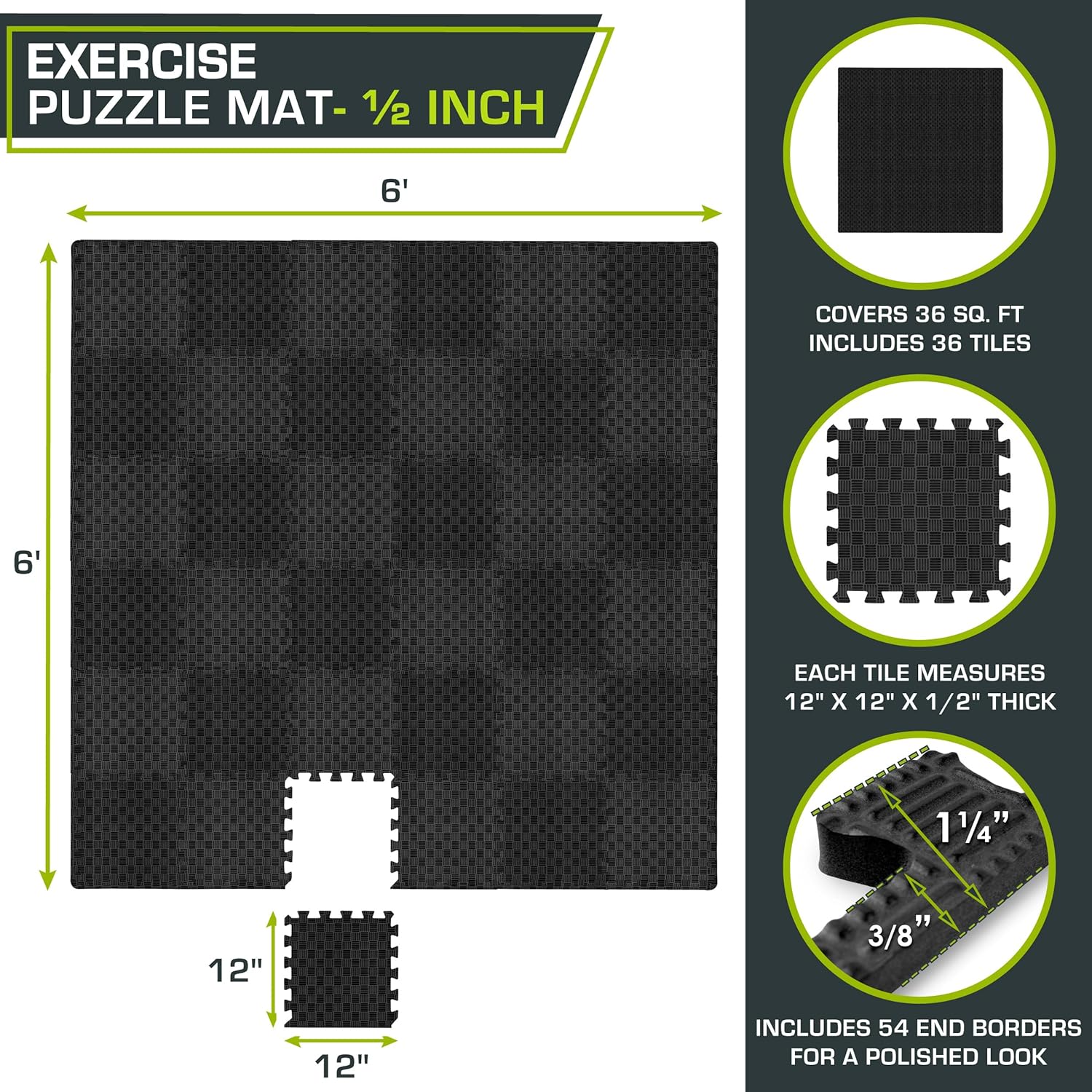 ProsourceFit Exercise Puzzle Mat - Non-Slip EVA Foam Gym Tiles | ½-Inch Thick, 36 Sq Ft, Black, 36 Pieces